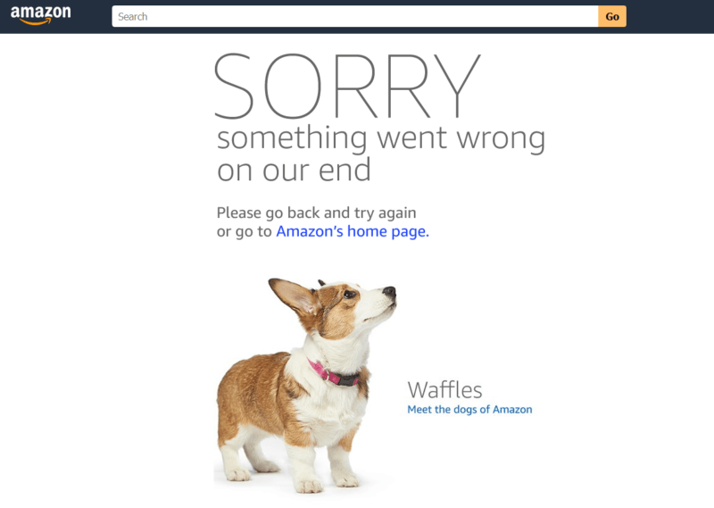 “Sorry, something went wrong on our end” says an error page on Amazon.com, with a picture of a worried-looking corgi. 