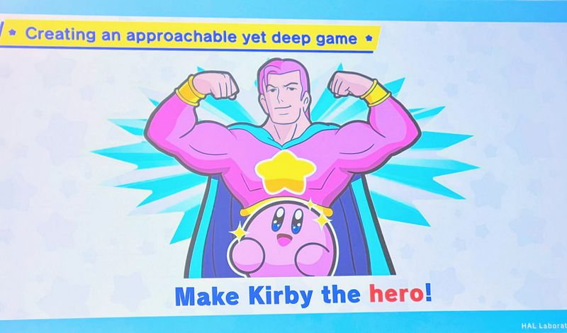 Kirby imagines a superhero that would inspire him in his adventures. The image is from a panel at GDC 2023.