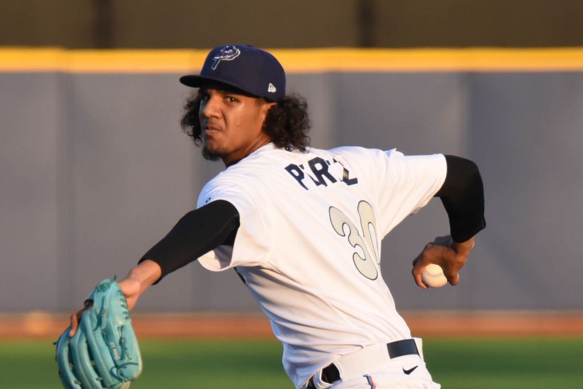 Right-hander Eury Pérez pitching for the Pensacola Blue Wahoos, Double-A affiliate of the Miami Marlins