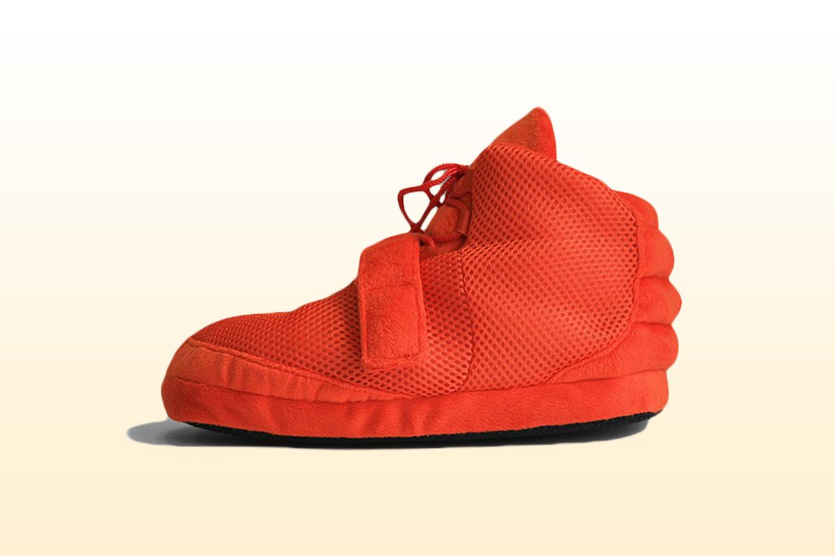 A pair of slippers that look like  Nike Air Yeezy 2 Red October sneakers