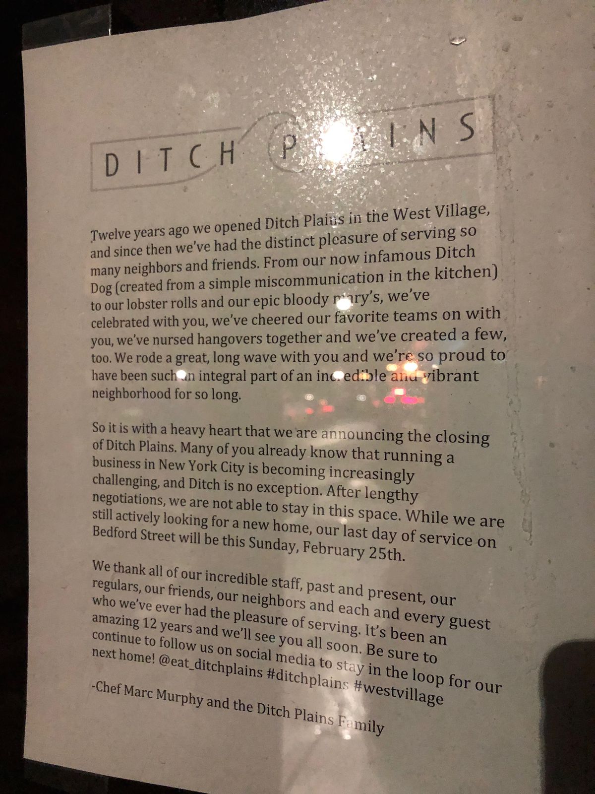 Ditch Plains closure notice