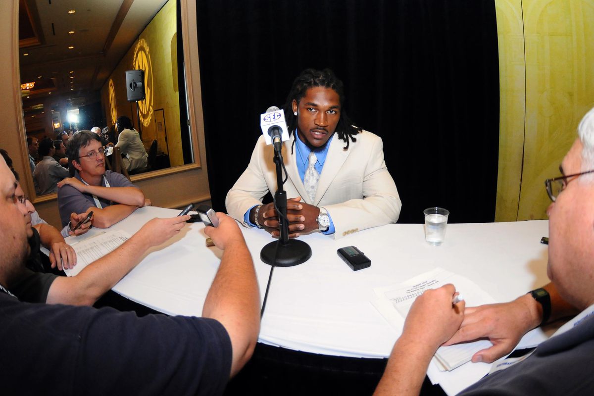 July 17, 2012; Hoover, AL, USA;  South Carolina Gamecocks free safety D.J. Swearinger talks to reporters at the 2012 SEC media days press conference at the Wynfrey Hotel.   Mandatory Credit: Kelly Lambert-US PRESSWIRE