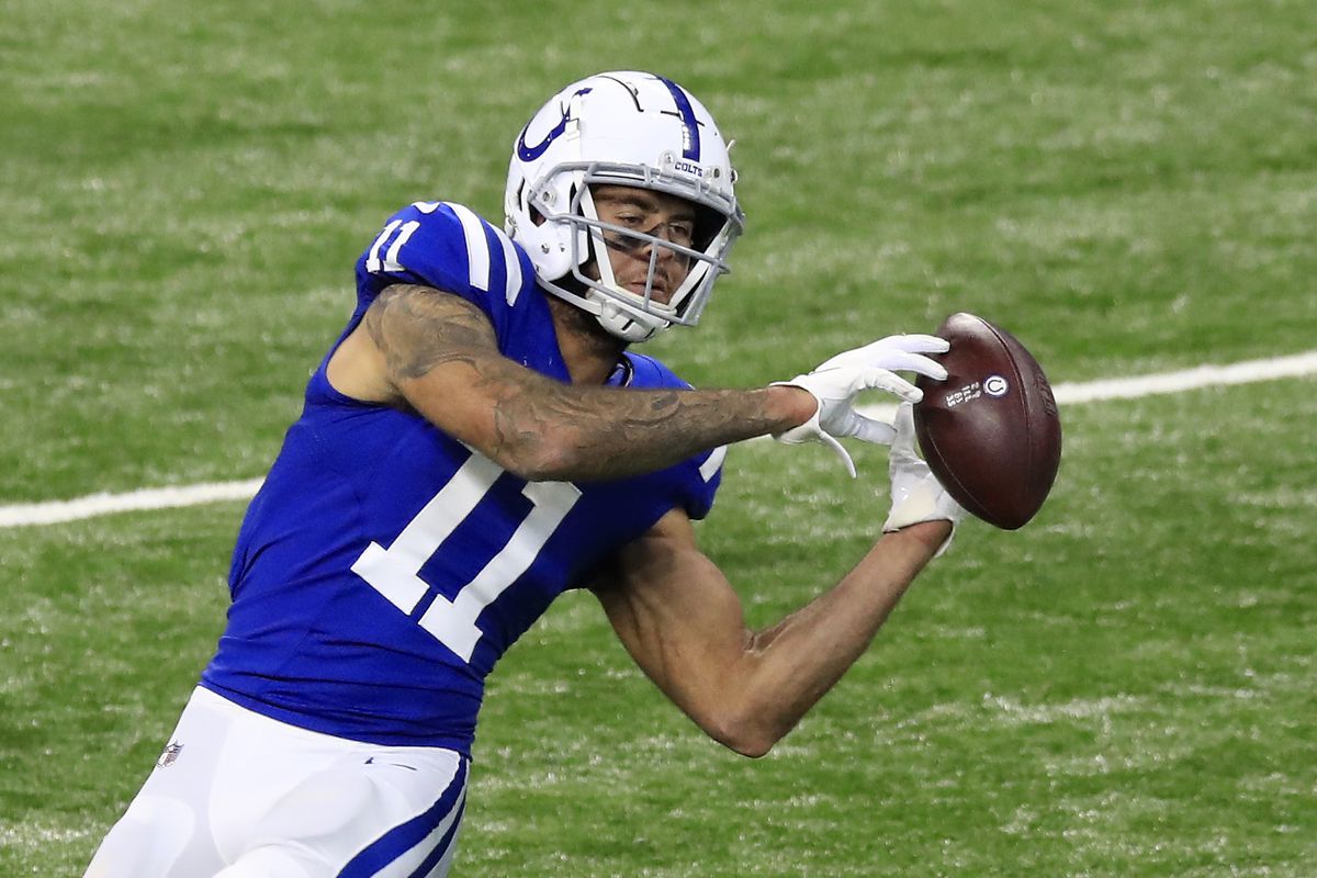 Michael Pittman Jr. #11 of the Indianapolis Colts looks to make a catch in the third quarter during their game against the Tennessee Titans at Lucas Oil Stadium on November 29, 2020 in Indianapolis, Indiana.