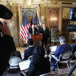 Sen. Jim Dabakis and Sen. Stephen Urquhart speak regarding legal protections in housing, employment, and other areas for LGBT people during a press conference at the state Capitol in Salt Lake City Tuesday, Jan. 27, 2015. 