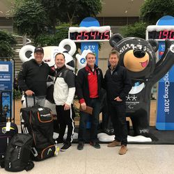A group from Utah visited venues at the Pyeongchang Olympics in an effort to promote Utah's second bid on the Games and learn from the current Olympic operation. From left to right: Dave Layton, Layton Construction/member of exploratory committee; Jeff Robbins, CEO of Utah Sports Commission; Peter Mouskondis, member of exploratory committee; and Steve Price arrive in Pyeongchang.