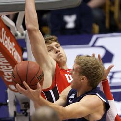Utah Utes center Dallin Bachynski (31) tries to block the shot by Brigham Young Cougars guard Tyler Haws (3) in Provo  Saturday, Dec. 8, 2012. 