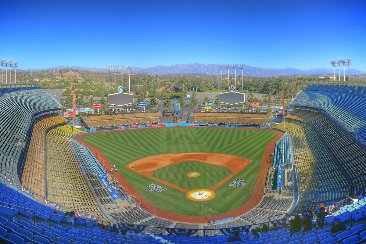 A baseball field from the top seats at Dodger Stadium.