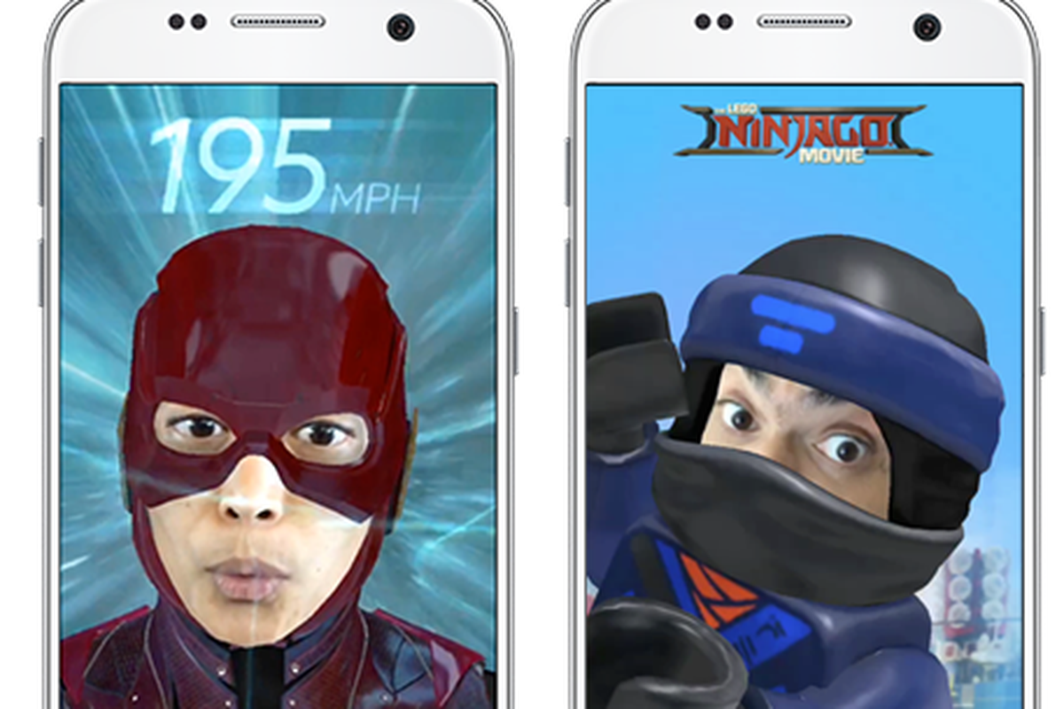 Two mobile screens showing different selfies with added masks.