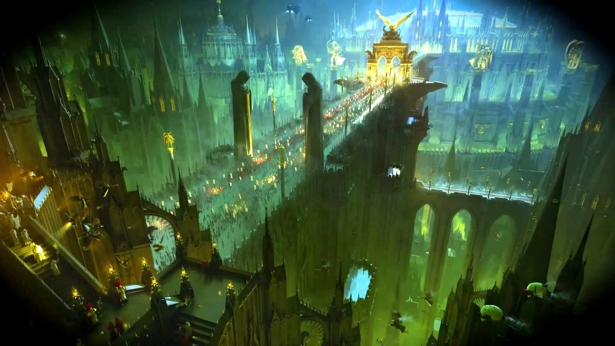 Image: The great throneworld of Terra, Warhammer 40K’s version of Earth. In a hive city that contains billions upon billions of people, millions of pilgrims march along an enormously tall bridge. The bridge stretches down to the rest of the hive, a place of industry and darkness.
