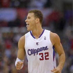 Los Angeles Clippers forward Blake Griffin celebrates after hitting a three-point shot during the second half of their NBA basketball game against the Los Angeles Lakers, Sunday, April 7, 2013, in Los Angeles. The Clippers won 109-95. (AP Photo/Mark J. Terrill)