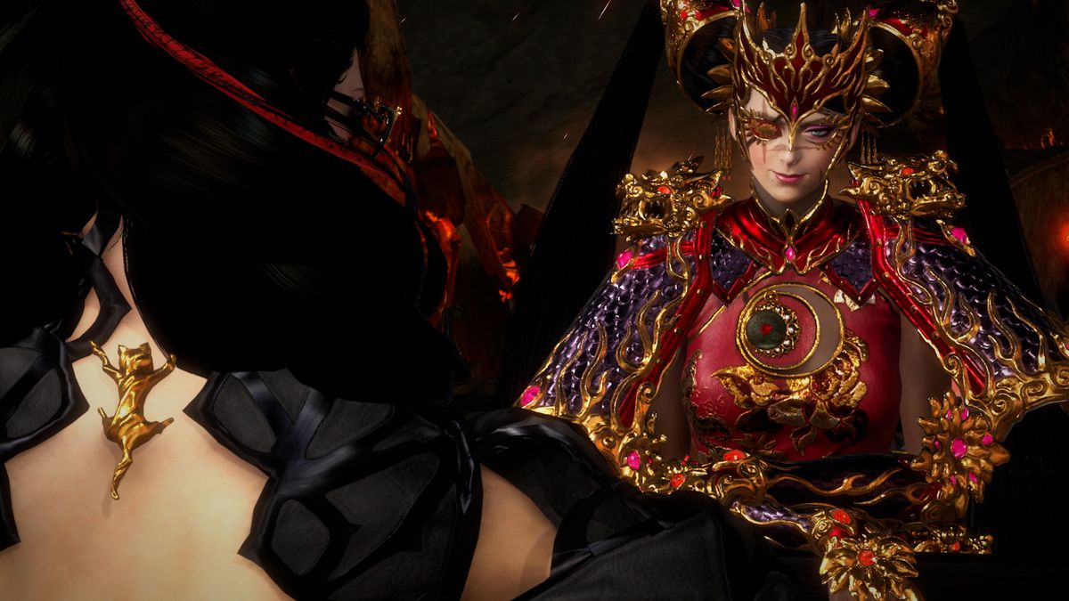 The version of Bayonetta from our universe (foreground, wearing all black) chats with a Bayonetta from another universe (facing the camera, wearing an imperial Chinese-inspired red and gold costume)