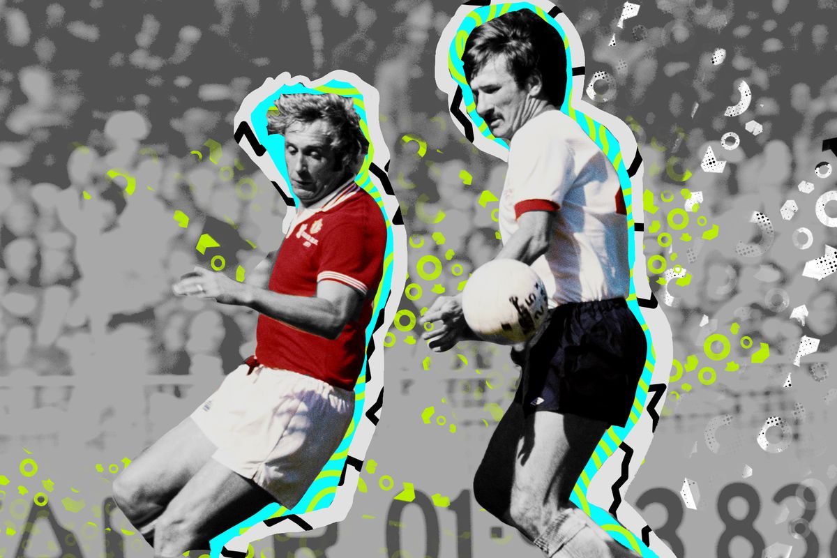 Image of Jimmy Greenhoff of Manhester United and Tommy Smith of Liverpool playing in the 1977 FA Cup Final, stylized as construction paper cutouts.