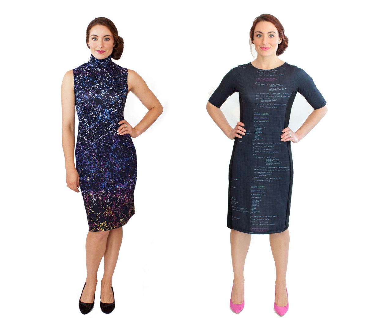 A model wearing a dress with a dark matter print, and another with a code print