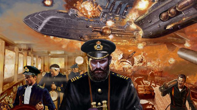 A scene from the bridge of a French Leviathan as it is rammed by a German Leviathan. The grim-faced captain and his crew man their stations as the ships explode in the background.