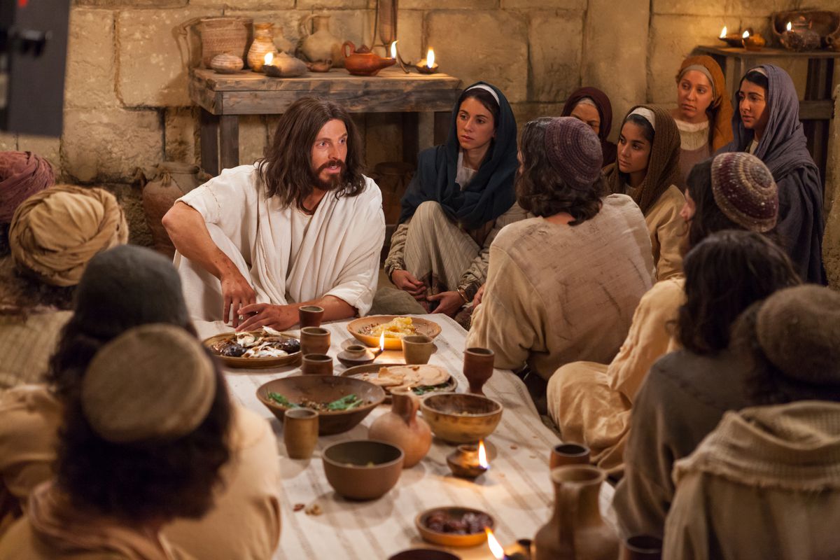 Jesus Christ sits with and teaches his apostles, disciples and followers after his resurrection in this image from the Bible Videos.