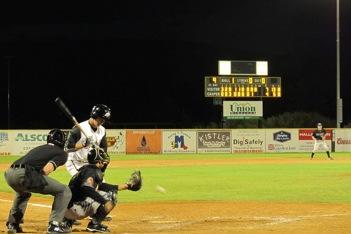 Rockies' 2011 2nd round pick Carl Thomore takes a called strike in last night's Casper Ghosts game.