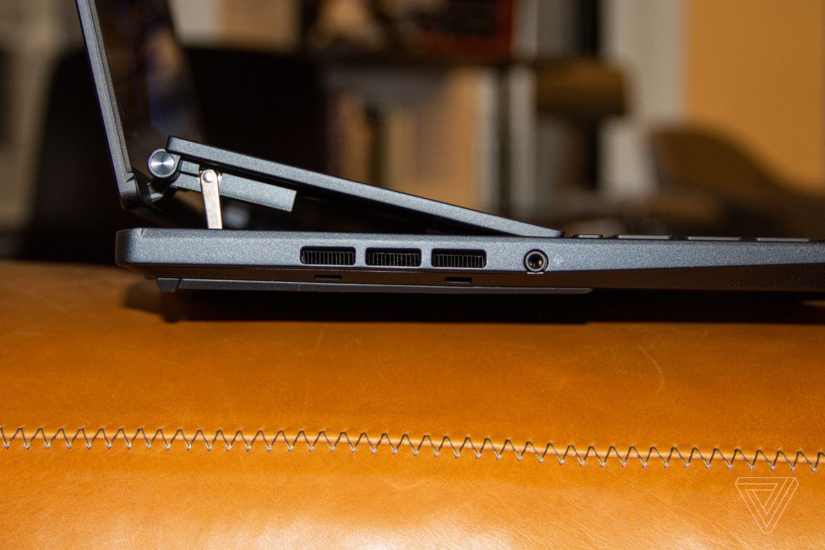 The ports connected  the near  broadside  of the Asus Zenbook Pro 14 Duo OLED review.