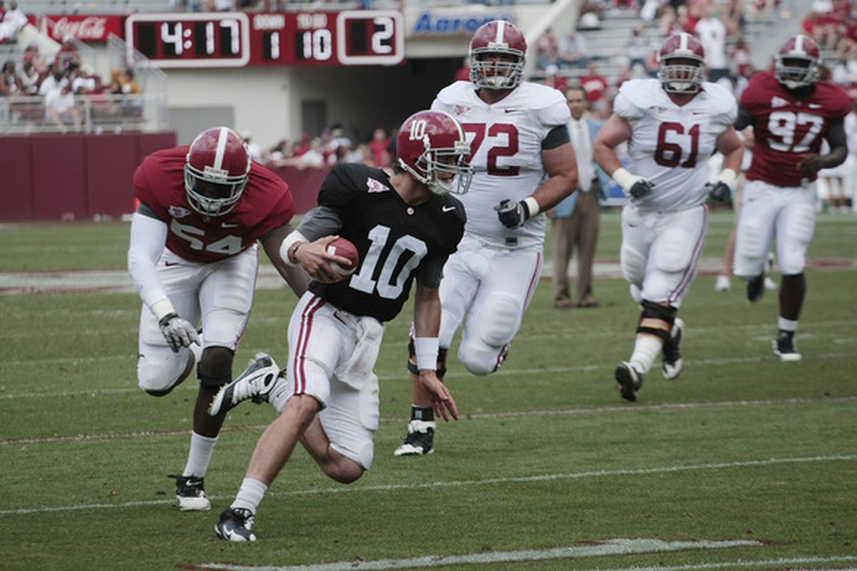 TUSCALOOSA, AL - APRIL 17: Quarterback A. J. McCarron #10 of the Alabama Crimson Tide runs for a first down during the Alabama spring game at Bryant Denny Stadium on April 17, 2010 in Tuscaloosa, Alabama. (Photo by Dave Martin/Getty Images)