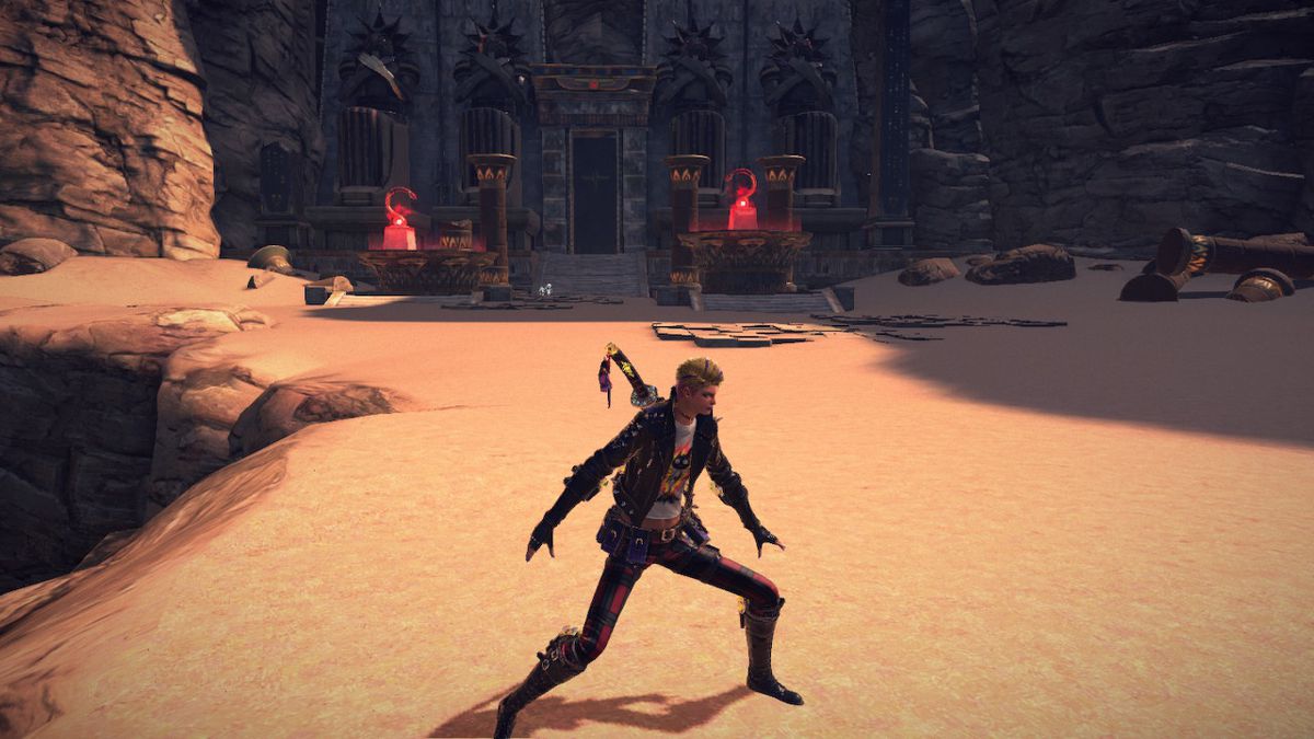 Viola stands in front of a temple in Bayonetta 3.