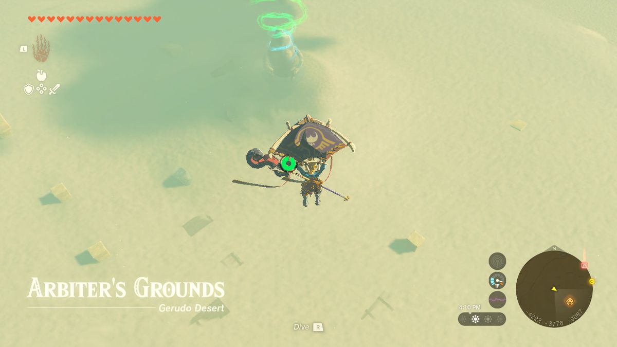 Link soaring into the Arbiter’s Grounds using his glider in Zelda: TOTK