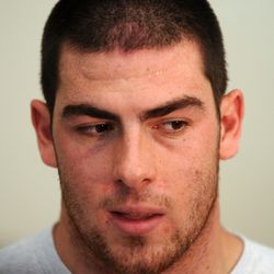Kansas City Chiefs offensive tackle Eric Fisher speaks to media after the organized team activities at the University of Kansas Hospital Training Complex. 