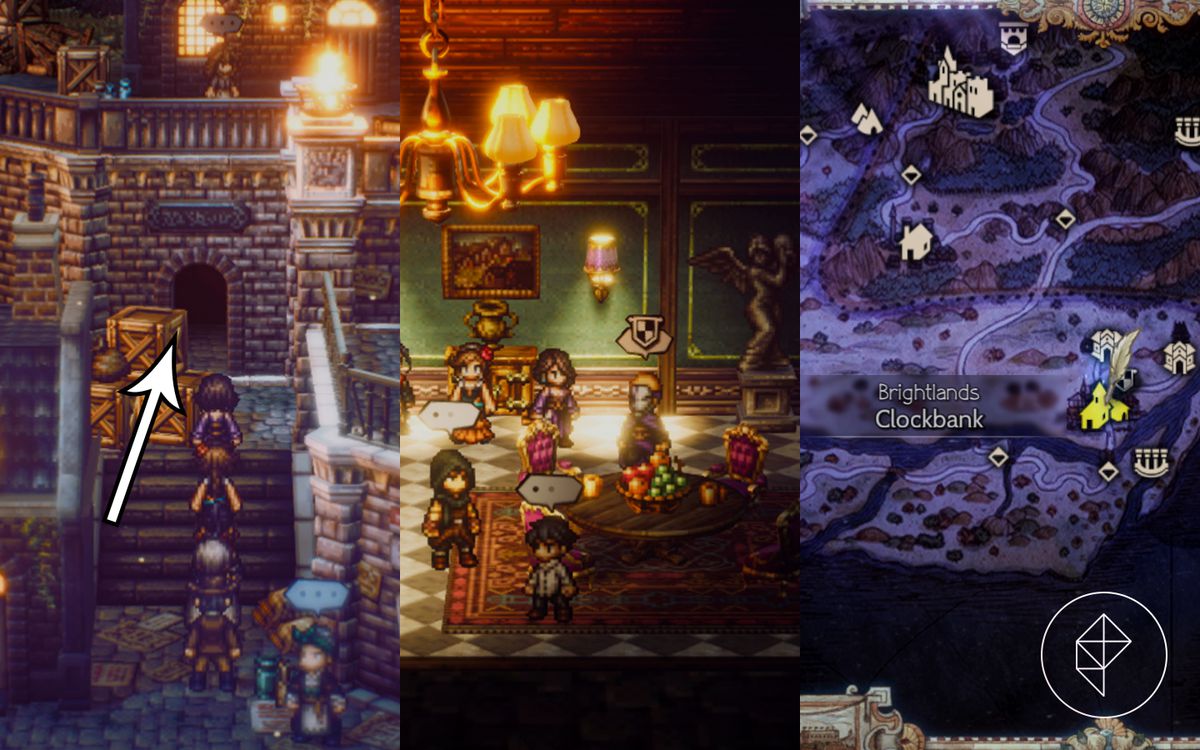 Four Octopath Traveler 2 characters head towards a stone tunnel at night
