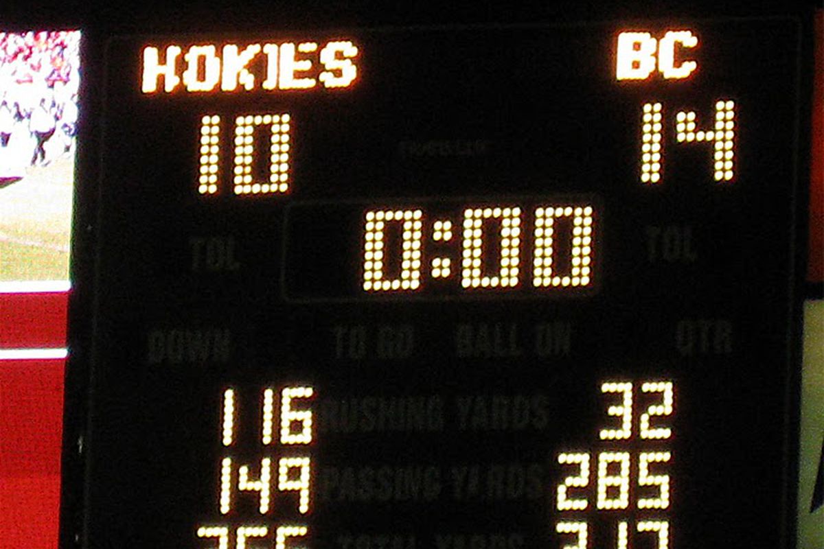 My picture of a rain-soaked Lane Stadium scoreboard that shows the final score of the epic 14-10 victory by Matt Ryan and the #2 ranked Boston College Eagles.