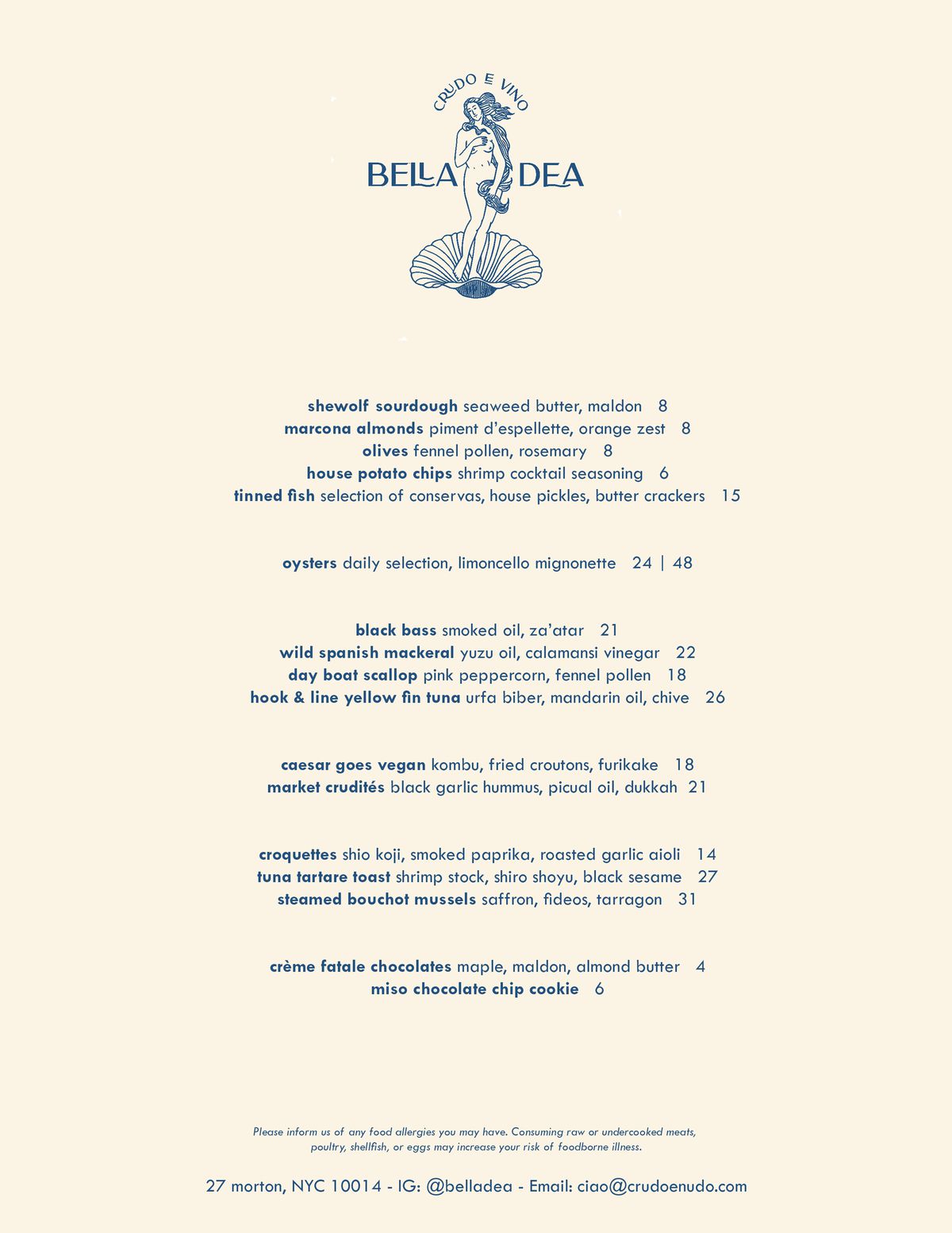 Opening menu at Bella Dea in New York City.