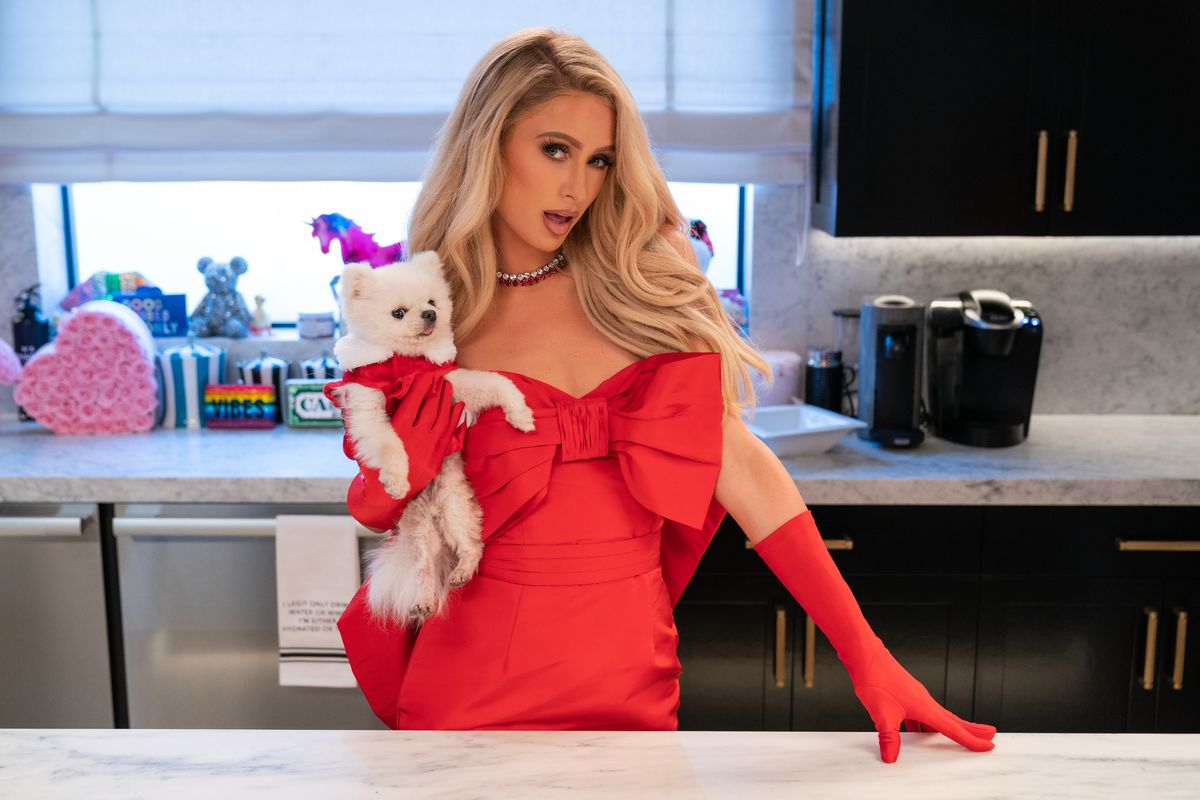 paris hilton standing in a red gown, carrying a small dog, in a kitchen