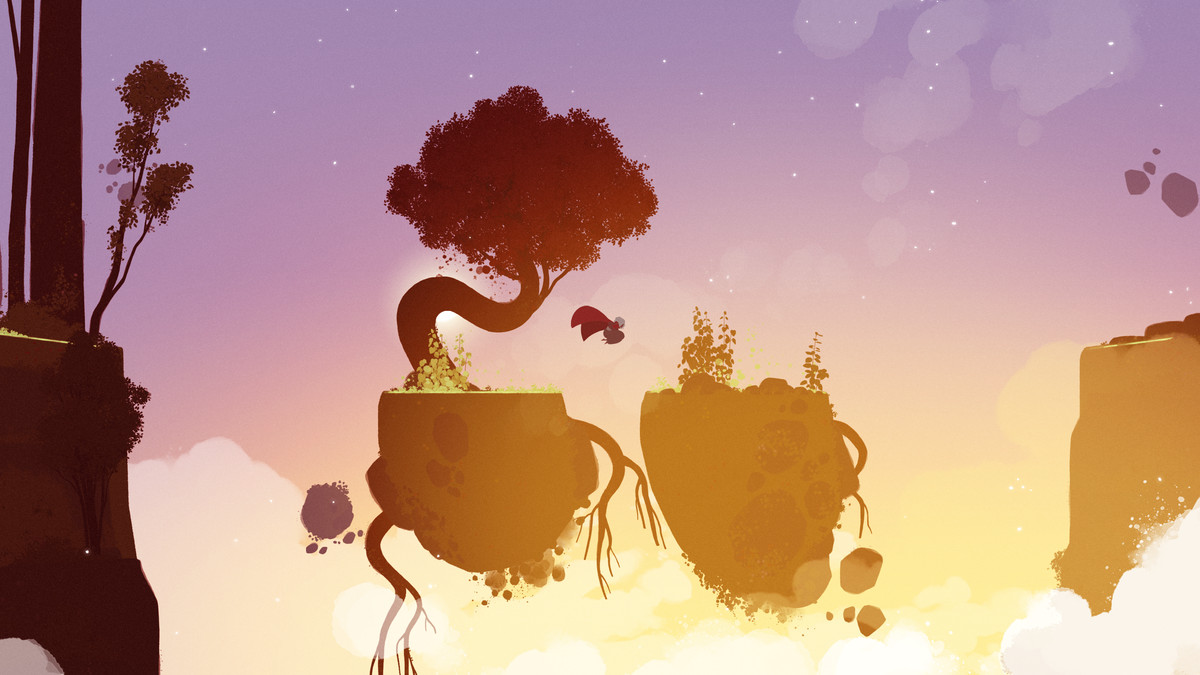 A beautiful image from Neva, featuring a character jumping from floating rock to rock, with a sky painted shades of pink, purple, and yellow.