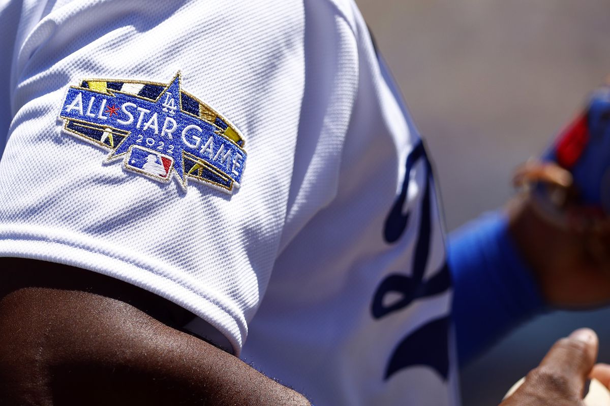 The MLB All-Star game logo is worn by Hanser Alberto #17 of the Los Angeles Dodgers before a game against the Chicago Cubs at Dodger Stadium on July 10, 2022 in Los Angeles, California.