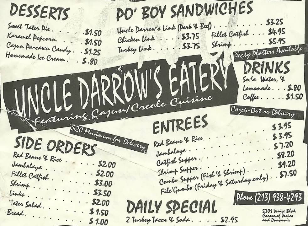 Menu from Uncle Darrow’s Eatery in Marina del Rey.