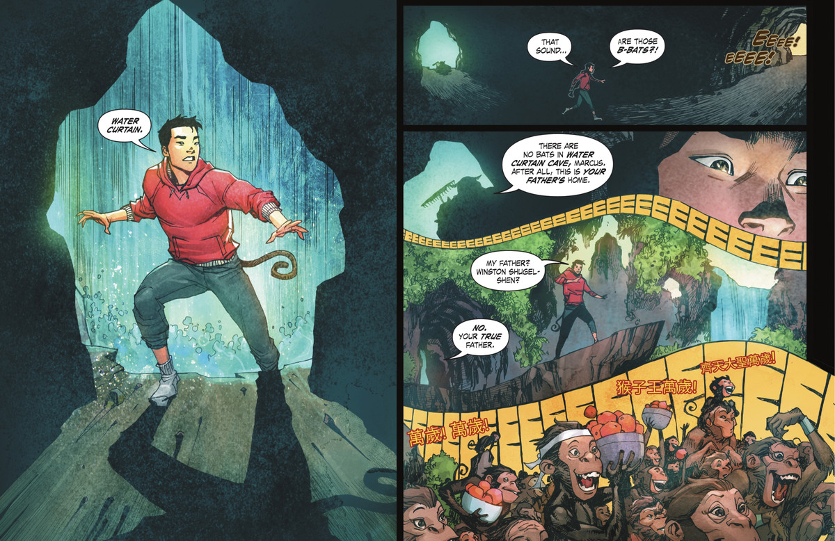Missing his shoes and with a monkey tail trailing out of his jeans, Marcus Shen explores the mystic realm of the Monkey Prince in Monkey Prince #1 (2022). The page layout is flipped horizontally and the colors are muted, almost watercolor-like. 