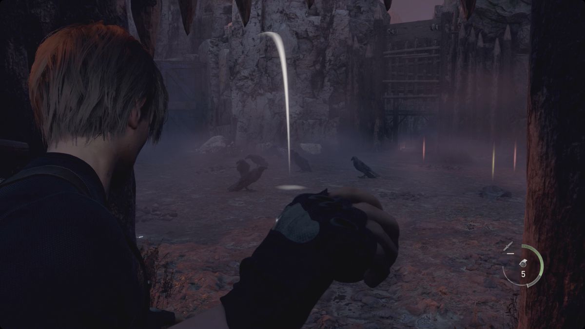 Resident Evil 4&nbsp;remake&nbsp;Leon throwing a hand grenade into a murder of crows.