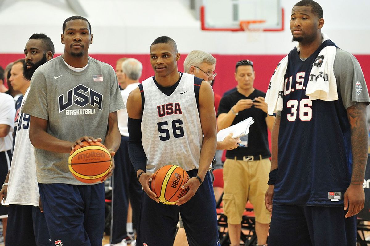 July 7, 2012; Las Vegas, NV, USA; Team USA guard Kevin Durant, guard Russell Westbrook and center DeMarcus Cousins during practice at the UNLV Mendenhall Center. Mandatory Credit: Gary A. Vasquez-US PRESSWIRE