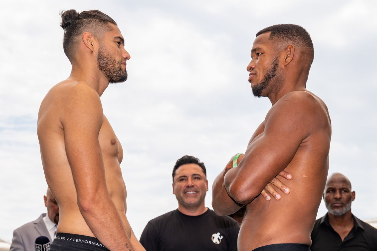 Gilberto “Zurdo” Ramirez and Sullivan Barrera face off during the weigh in on July 8, 2021 in Los Angeles, California. Gilberto “Zurdo” Ramirez, Joseph “Jo Jo” Diaz Jr., and Seniesa “Super Bad” Estrada will fight Friday at Banc of California Stadium.