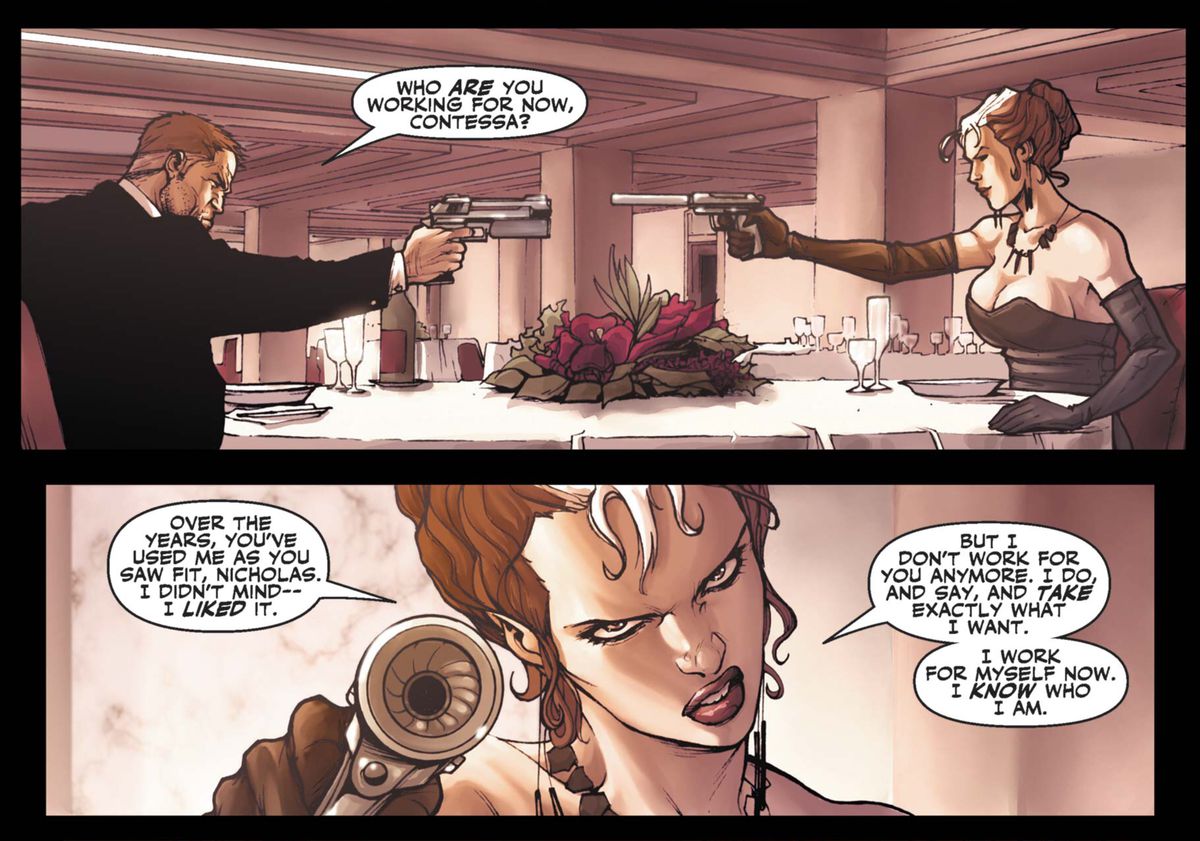 “Who are you working for now, Contessa,” Nick Fury asks Valentina Allegra de Fontaine. “I work for myself now. I know who I am,” she answers, in Secret Warrios #3, Marvel Comics (2009). 