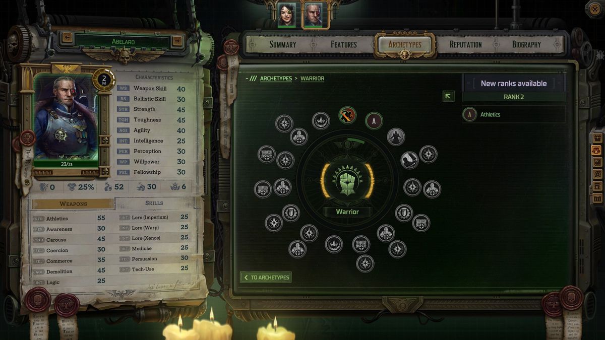 A menu shows the warrior archetype in Warhammer 40K Rogue Trader.