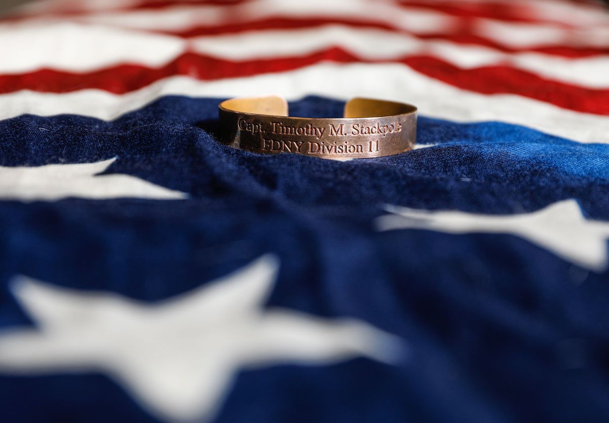 A bracelet belonging to Olympic speedskater Catherine Raney Norman is pictured on Saturday, Aug. 28, 2021, at Utah Olympic Oval in Kearns. Raney Norman wore the bracelet, which bears the name of New York City firefighter killed in the 9/11 attacks, while competing in the 2002 Winter Games in Salt Lake City.
