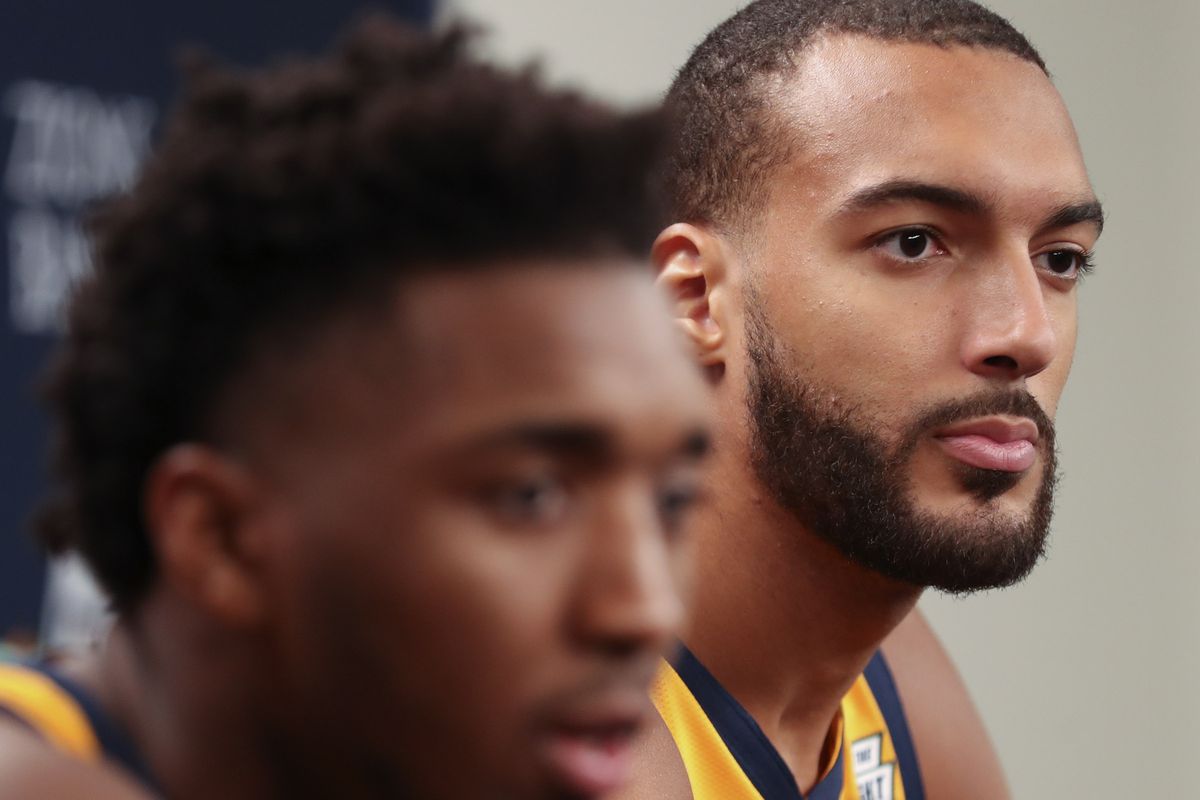 Utah Jazz players Rudy Gobert, right, and Donovan Mitchell and answer questions during Jazz Media Day at Vivint Arena in Salt Lake City on Monday, Sept. 30, 2019.
