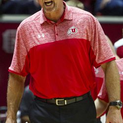 Utah head coach Larry Krystkowiak watches an NCAA college basketball game at the Huntsman Center in Salt Lake City on Monday, Nov. 28, 2016. Butler took down Utah 68-59 to remain undefeated.