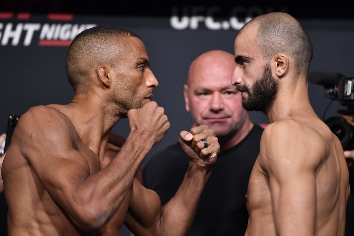 (L-R) Opponents Edson Barboza of Brazil and Giga Chikadze of Georgia face off during the UFC Fight Night weigh-in at UFC APEX on August 27, 2021 in Las Vegas, Nevada.