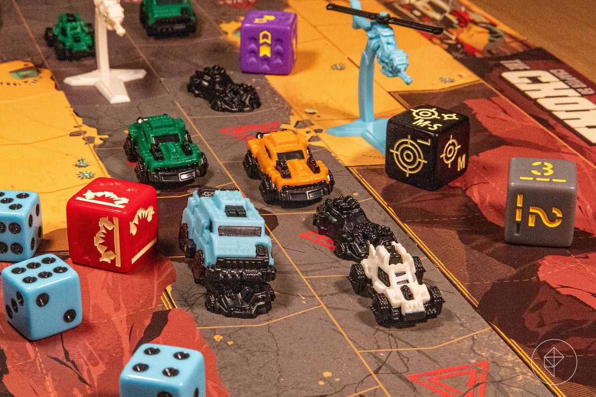 An image of the Thunder Road: Vendetta board game’s components.