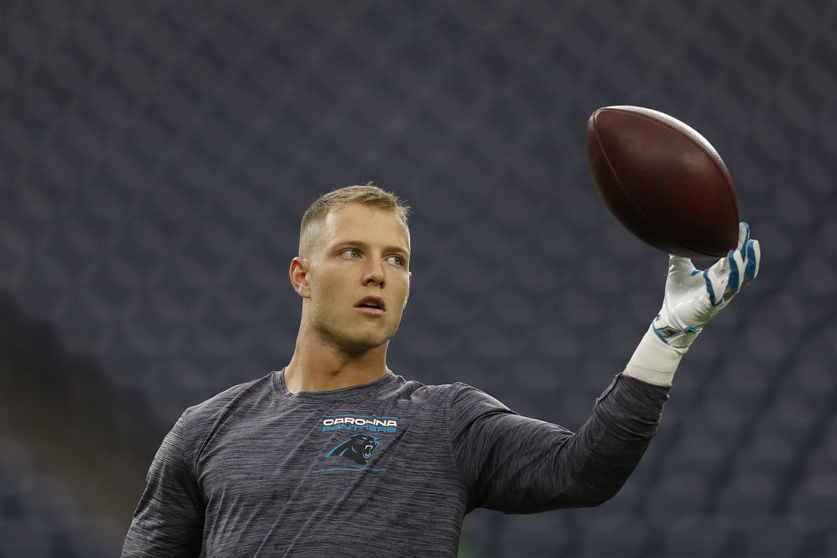 Christian McCaffrey #22 of the Carolina Panthers warms up prior to playing the Houston Texans at NRG Stadium on September 23, 2021 in Houston, Texas.&nbsp;