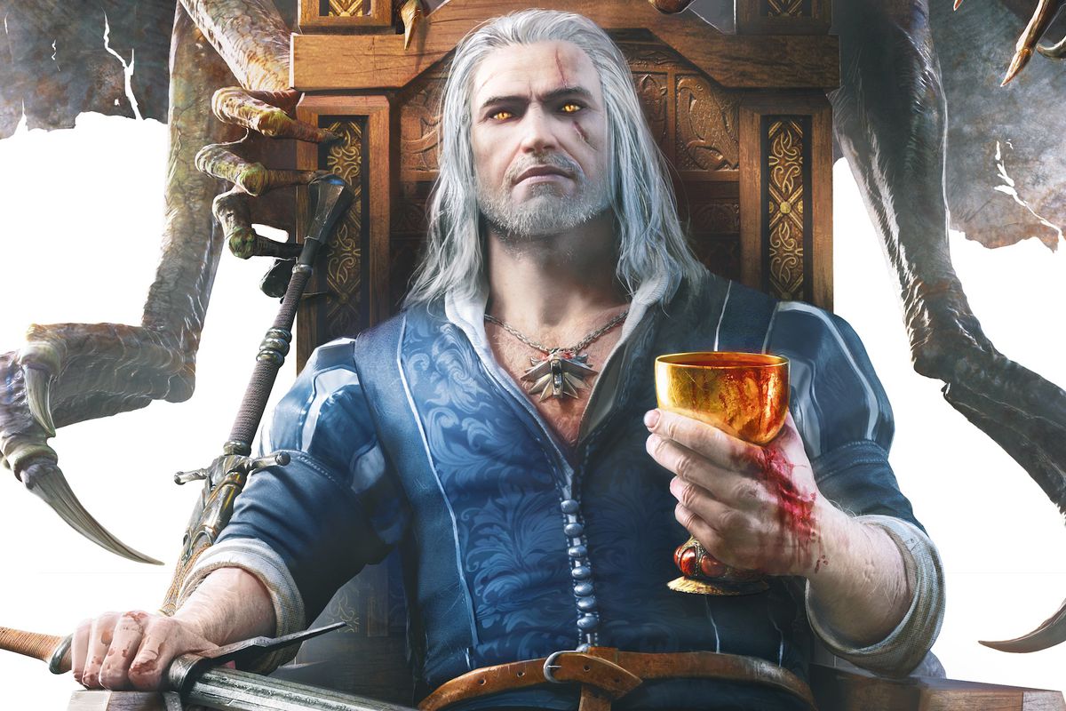 Geralt sits on a throne with goblet and sword in hand in artwork from The Witcher 3: Blood &amp; Wine