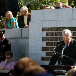 President Boyd K. Packer of the Quorum of the Twelve Apostles of The Church of Jesus Christ of Latter-Day Saints says the dedicatory prayer at the dedication of the Utah Law Enforcement Memorial on the west lawn of the Utah State Capitol. Utah Governor Jon M. Huntsman Jr. is in the background.  
September 5, 2008.