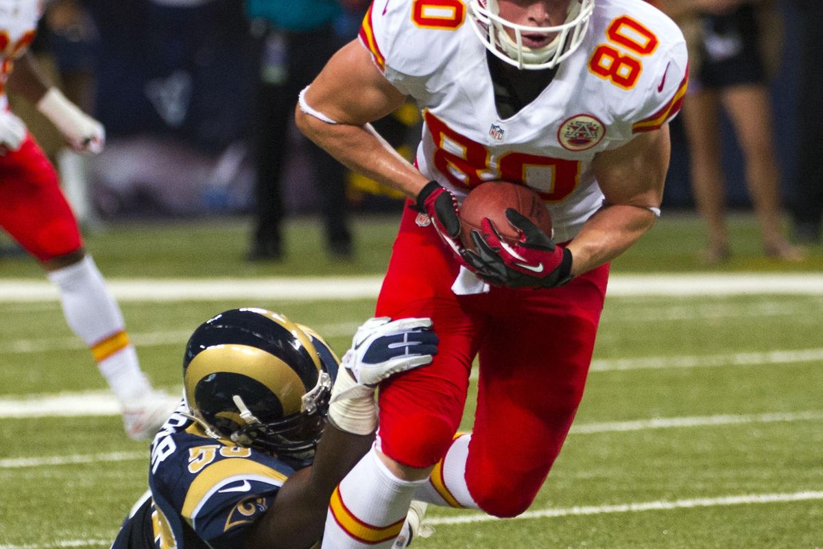 Aug 18, 2012; St. Louis, MO, USA; Kansas City Chiefs tight end Kevin Boss (80) breaks away from St. Louis Rams linebacker Noah Keller (53) during the first half at the Edward Jones Dome. Mandatory Credit: Photo by Scott Rovak-US PRESSWIRE