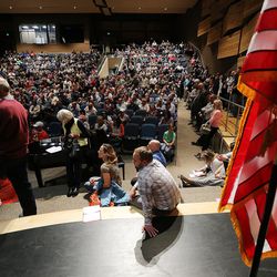 Angry Draper residents voice their opinions during a meeting on possible sites for a homeless resource center at Draper Park Middle School on Wednesday, March 29, 2017.