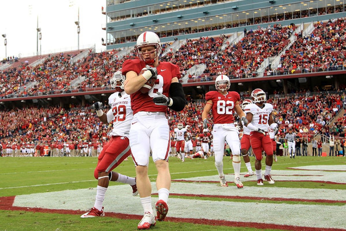 PALO ALTO CA - OCTOBER 23:  Ryan Whalen #8 of the Stanford Cardinal catches the ball for a touchdown against the Washington State Cougars at Stanford Stadium on October 23 2010 in Palo Alto California.  (Photo by Ezra Shaw/Getty Images)