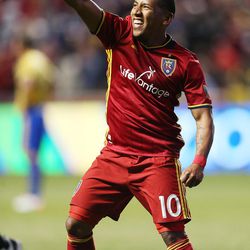 Real Salt Lake forward Joao Plata (10) celebrates his score during MLS action in Sandy Saturday, April 9, 2016. Real Salt Lake won 1-0.